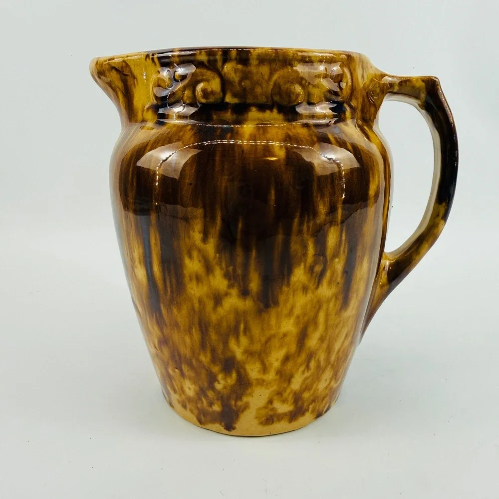 Antique Rockingham Glaze Stoneware Pitcher Brown Bennington Style Embossed 6.5in